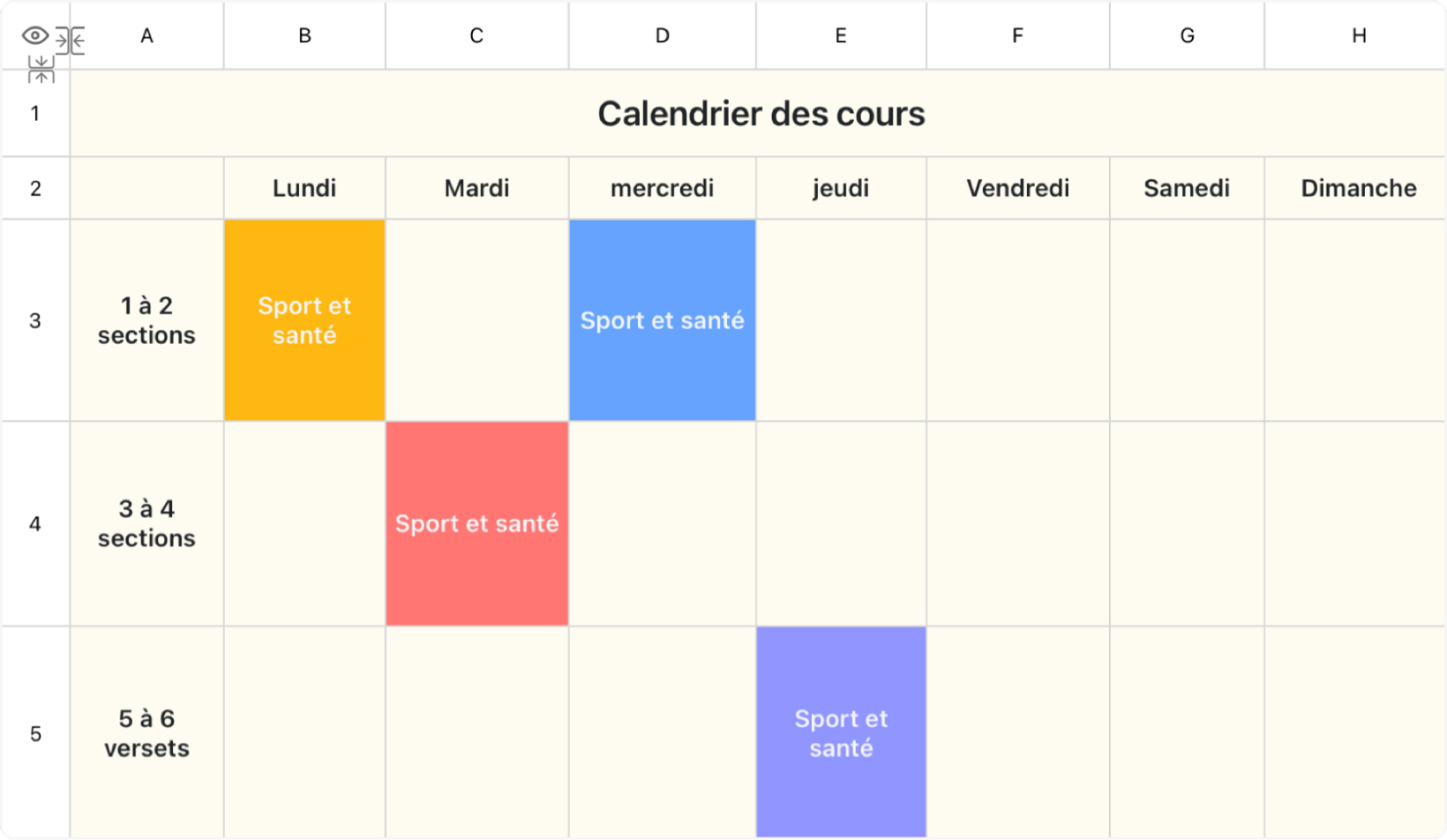 Tableau des cours 2
